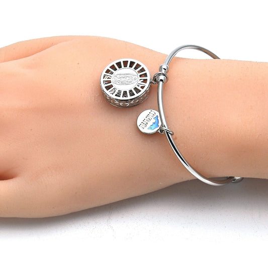 Rhodium Gold Filled Individual Bangle, Guadalupe and Dolphin Design, with White Cubic Zirconia, Diamond Cutting Finish, Rhodium Finish