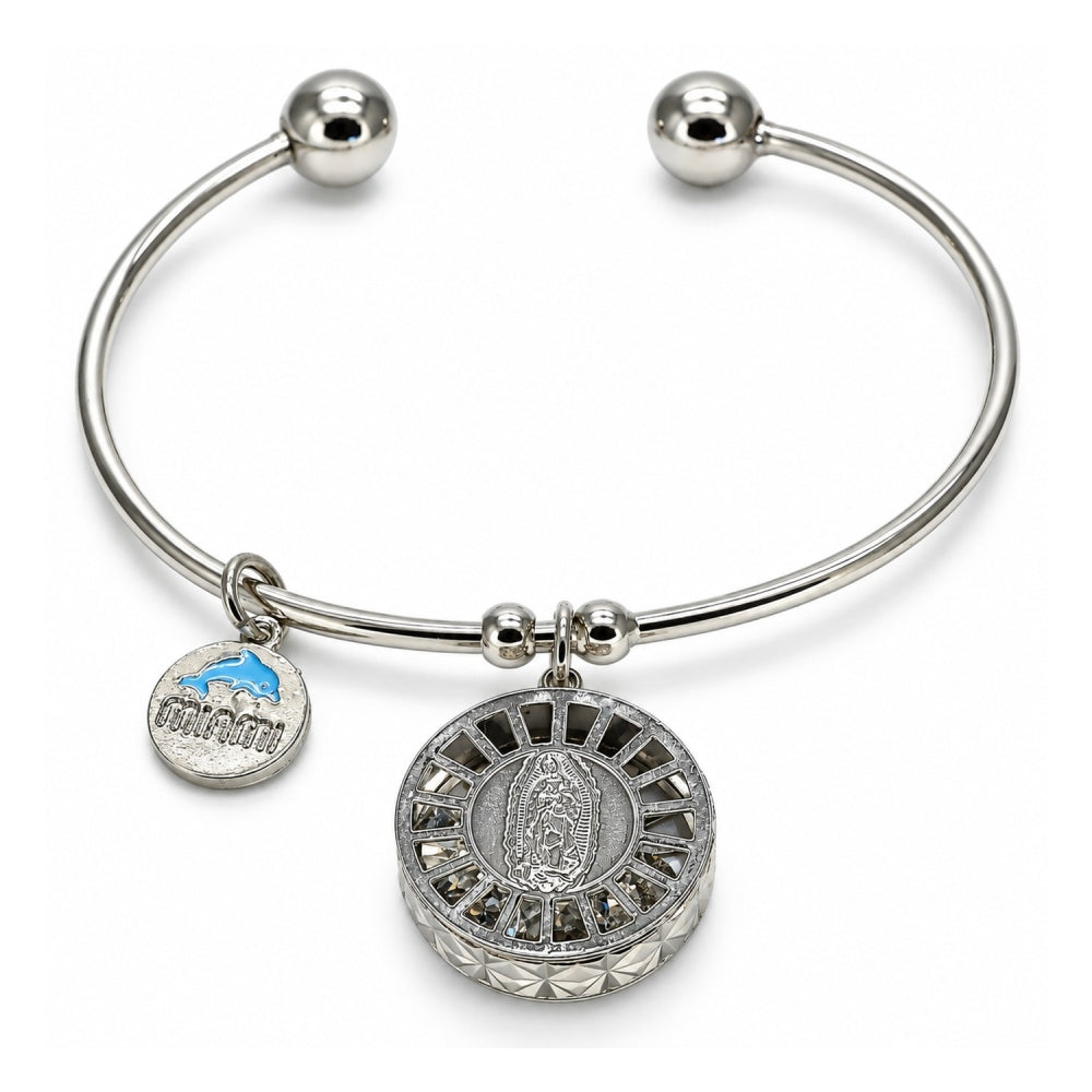 White Gold Filled Individual Bangle, Guadalupe and Dolphin Design, with White Cubic Zirconia, Diamond Cutting Finish, Rhodium Finish
