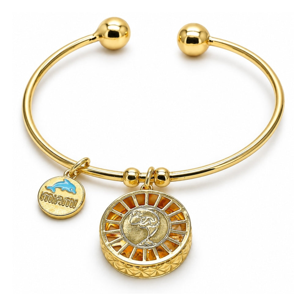 Oro Laminado Individual Bangle, Gold Filled Style Dolphin Design, with White Cubic Zirconia, Diamond Cutting Finish, Golden Finish
