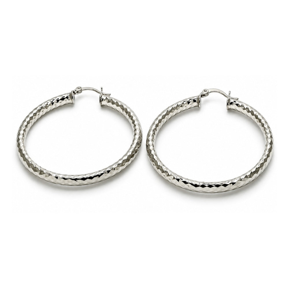 White Gold Filled Large Hoop, Diamond Cutting Finish, Rhodium Finish