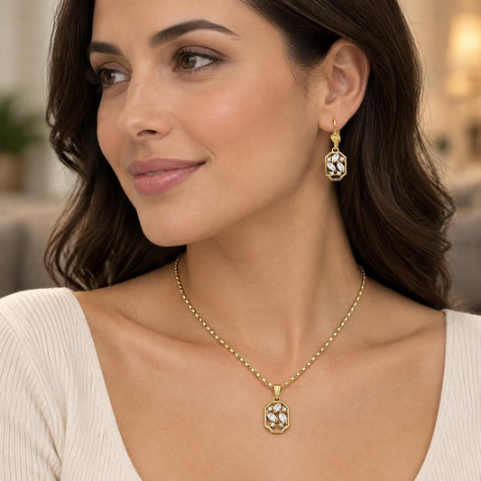 Oro Laminado Earring and Pendant Adult Set, Gold Filled Style with White Cubic Zirconia, Polished, Golden Finish