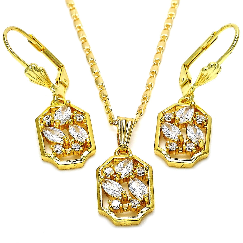 Oro Laminado Earring and Pendant Adult Set, Gold Filled Style with White Cubic Zirconia, Polished, Golden Finish