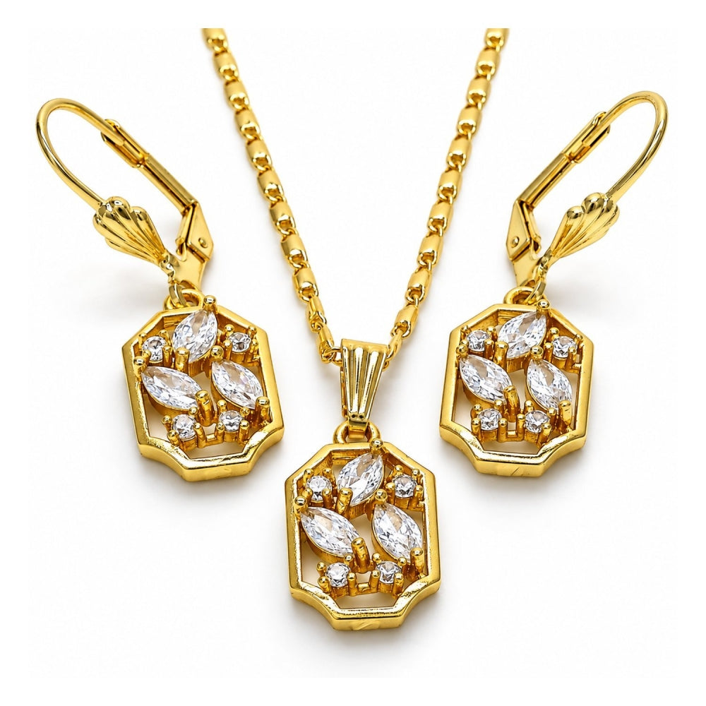 Oro Laminado Earring and Pendant Adult Set, Gold Filled Style with White Cubic Zirconia, Polished, Golden Finish