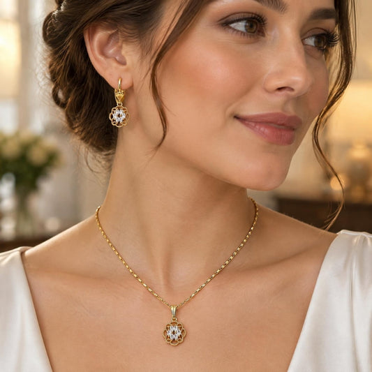 Oro Laminado Earring and Pendant Adult Set, Gold Filled Style with White Cubic Zirconia, Polished, Golden Finish