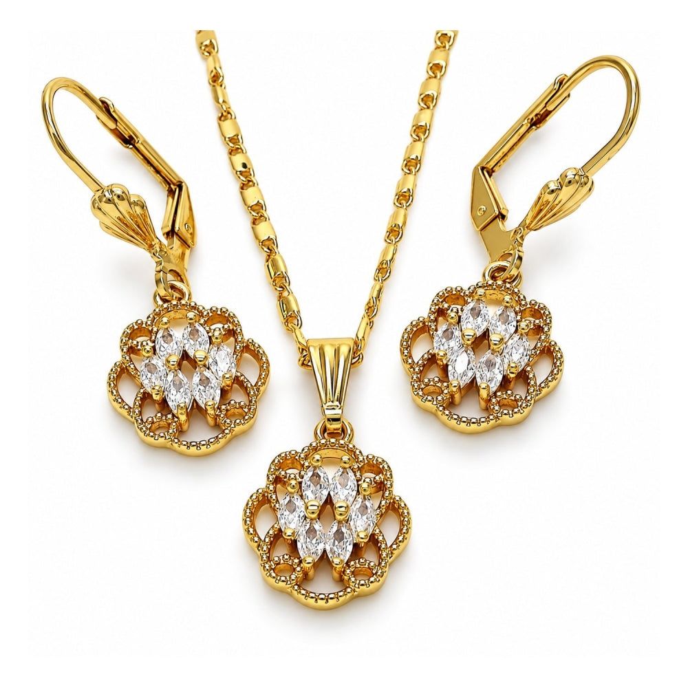 Oro Laminado Earring and Pendant Adult Set, Gold Filled Style with White Cubic Zirconia, Polished, Golden Finish