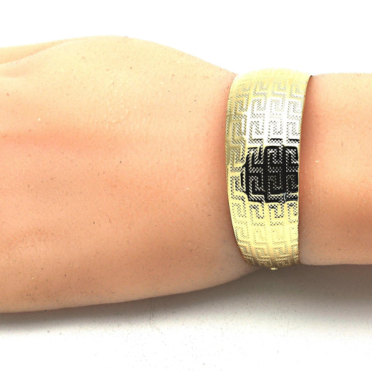 Oro Laminado Individual Bangle, Gold Filled Style Greek Key Design, Polished, Golden Finish