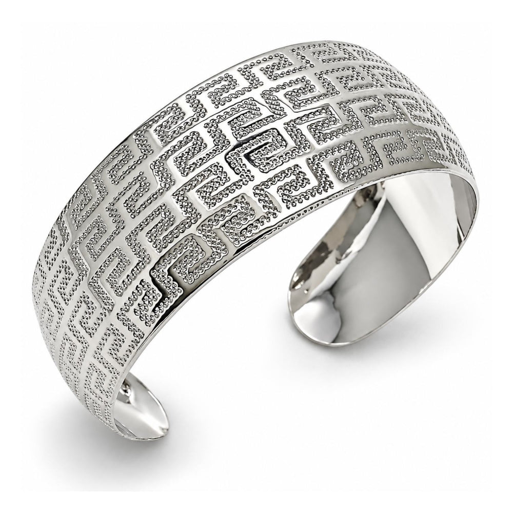 White Gold Filled Individual Bangle, Greek Key Design, Polished, Rhodium Finish
