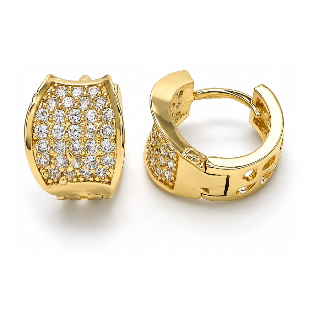Oro Laminado Huggie Hoop, Gold Filled Style with White Cubic Zirconia, Polished, Golden Finish