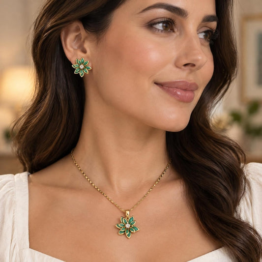 Oro Laminado Earring and Pendant Adult Set, Gold Filled Style Flower Design, with Turquoise and White Crystal, Polished, Golden Finish