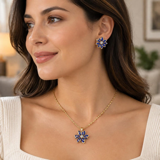 Oro Laminado Earring and Pendant Adult Set, Gold Filled Style Flower Design, with Sapphire Blue and White Crystal, Polished, Golden Finish