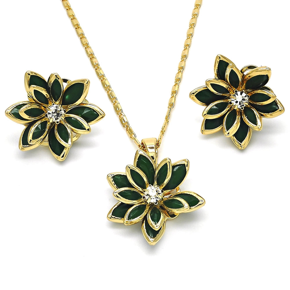 Oro Laminado Earring and Pendant Adult Set, Gold Filled Style Flower Design, with Green and White Crystal, Polished, Golden Finish