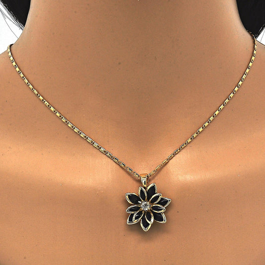 Oro Laminado Earring and Pendant Adult Set, Gold Filled Style Flower Design, with Black and White Crystal, Polished, Golden Finish