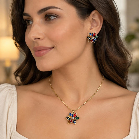 Oro Laminado Earring and Pendant Adult Set, Gold Filled Style Flower Design, with Multicolor Crystal, Polished, Golden Finish