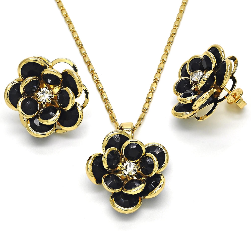 Oro Laminado Earring and Pendant Adult Set, Gold Filled Style Flower Design, with Black and White Crystal, Polished, Golden Finish