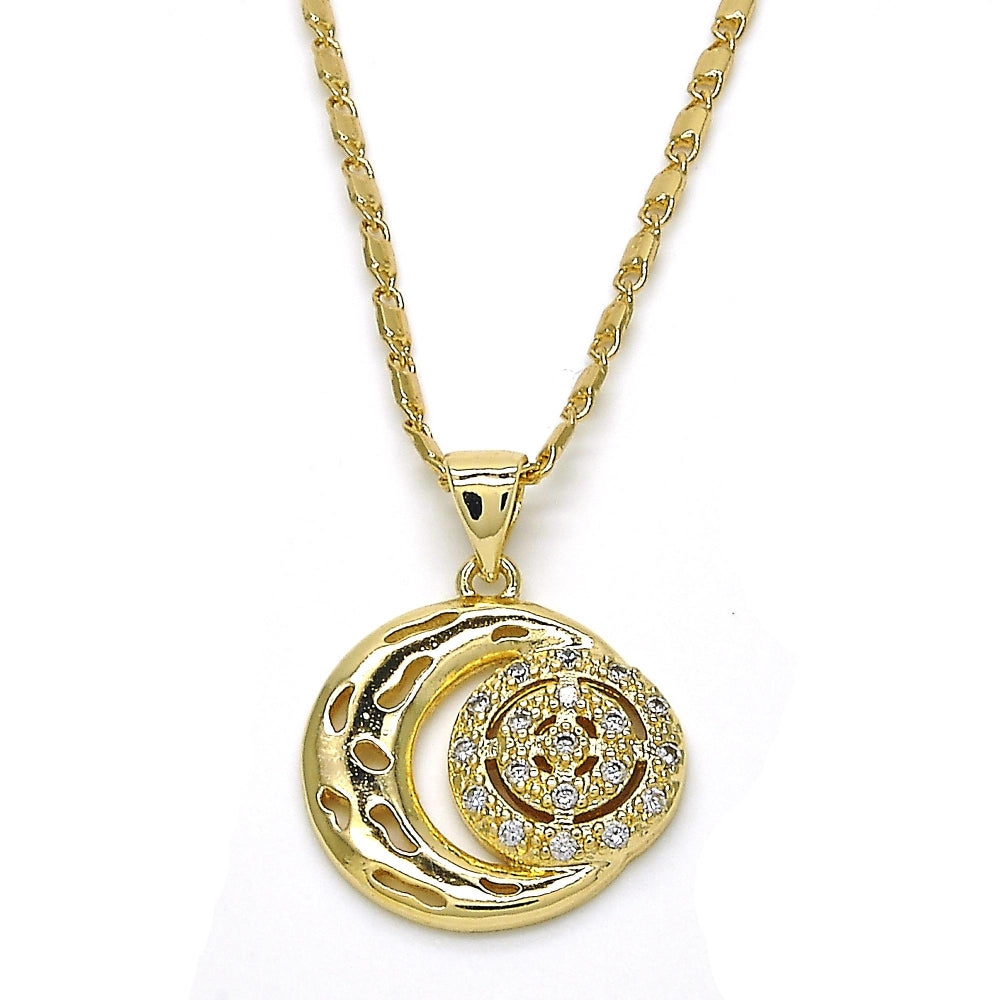 Oro Laminado Pendant Necklace, Gold Filled Style Moon Design, with White Cubic Zirconia, Polished, Golden Finish