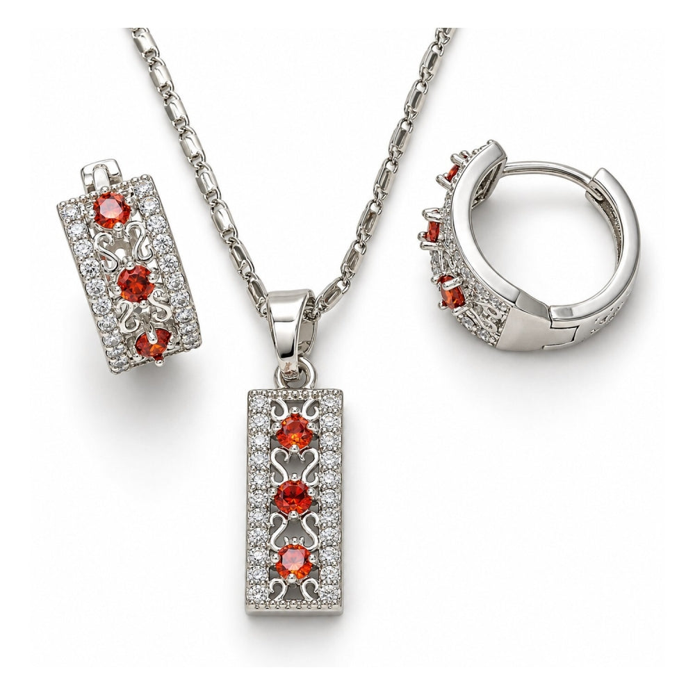 White Gold Filled Earring and Pendant Adult Set, with Garnet and White Cubic Zirconia, Polished, Rhodium Finish