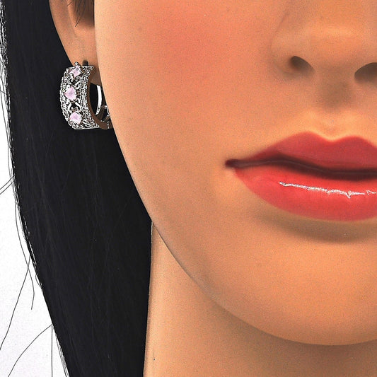 Rhodium Gold Filled Huggie Hoop, with Pink and White Cubic Zirconia, Polished, Rhodium Finish