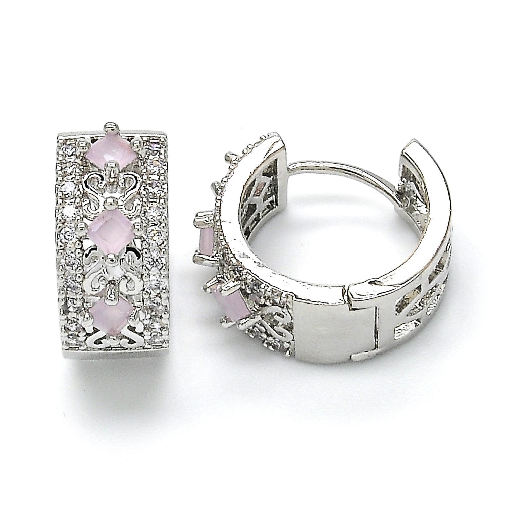 Rhodium Gold Filled Huggie Hoop, with Pink and White Cubic Zirconia, Polished, Rhodium Finish