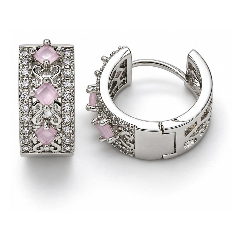 Rhodium Gold Filled Huggie Hoop, with Pink and White Cubic Zirconia, Polished, Rhodium Finish