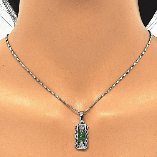 Rhodium Gold Filled Earring and Pendant Adult Set, Flower Design, with Green and White Cubic Zirconia, Polished, Rhodium Finish