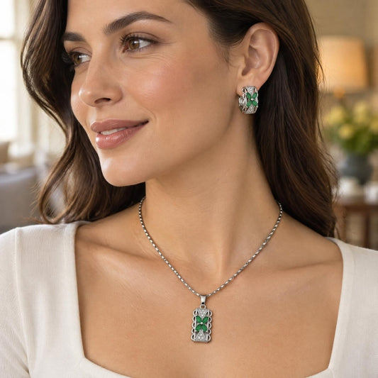 White Gold Filled Earring and Pendant Adult Set, Flower Design, with Green and White Cubic Zirconia, Polished, Rhodium Finish