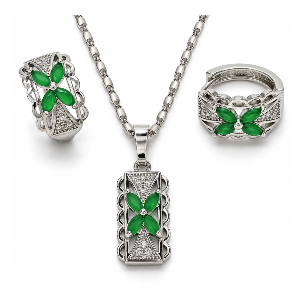 White Gold Filled Earring and Pendant Adult Set, Flower Design, with Green and White Cubic Zirconia, Polished, Rhodium Finish
