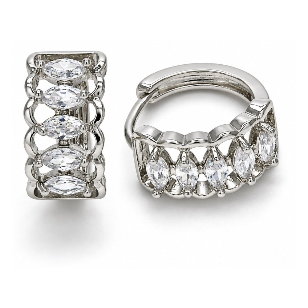 White Gold Filled Huggie Hoop, with White Cubic Zirconia, Polished, Rhodium Finish