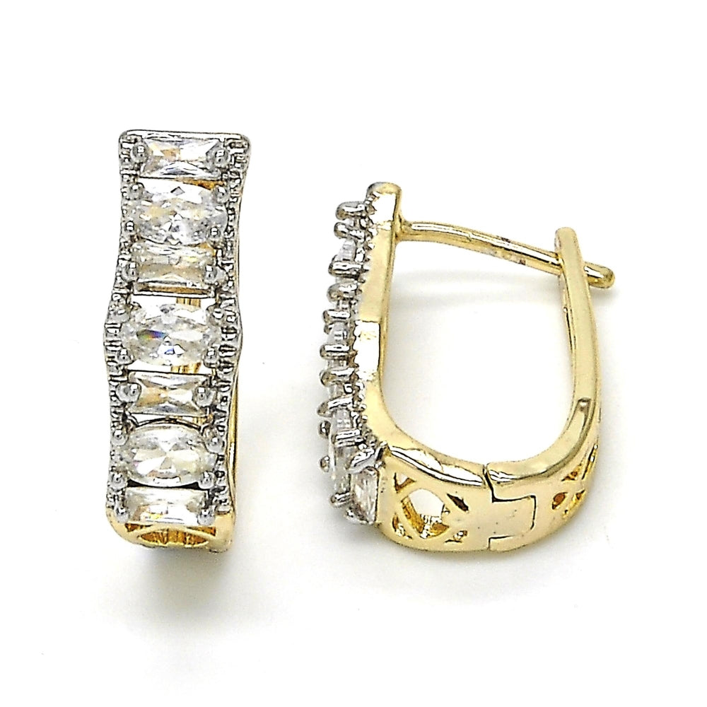 Oro Laminado Huggie Hoop, Gold Filled Style with White Cubic Zirconia, Polished, Two Tone
