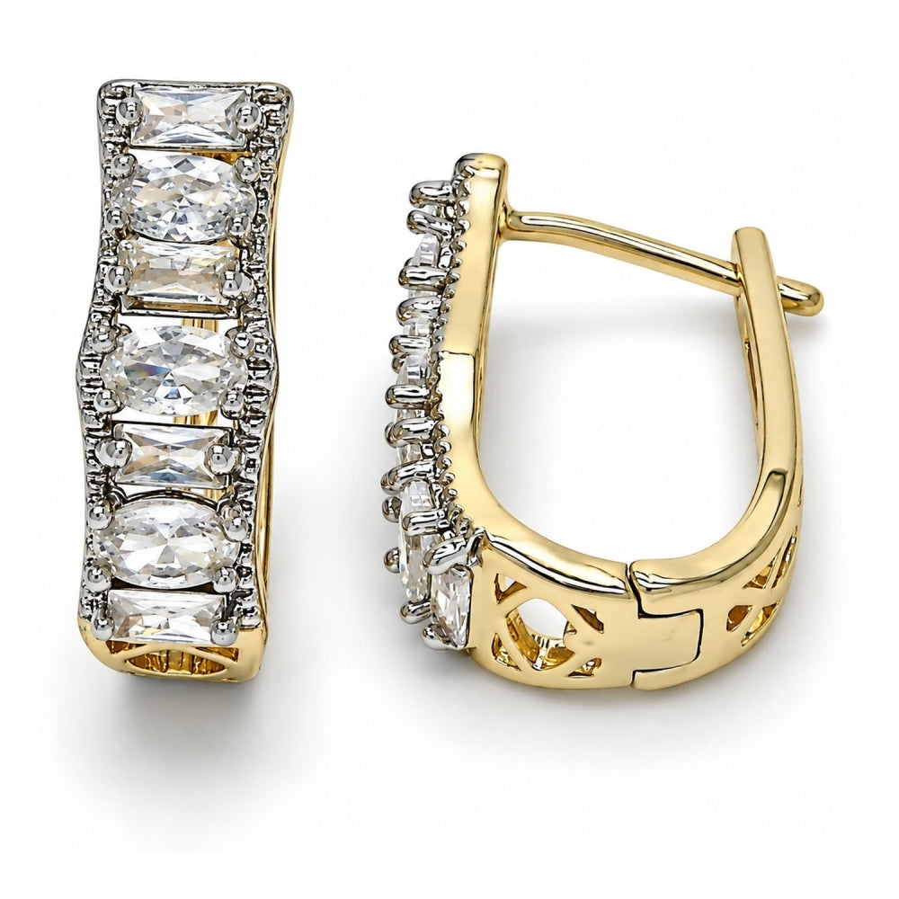 Oro Laminado Huggie Hoop, Gold Filled Style with White Cubic Zirconia, Polished, Two Tone