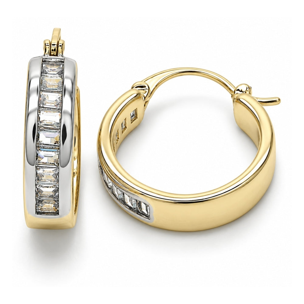 Oro Laminado Small Hoop, Gold Filled Style Baguette Design, with White Cubic Zirconia, Polished, Two Tone