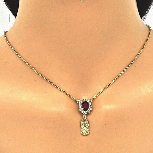 Oro Laminado Earring and Pendant Adult Set, Gold Filled Style Owl Design, with Garnet and White Crystal, Polished, Golden Finish