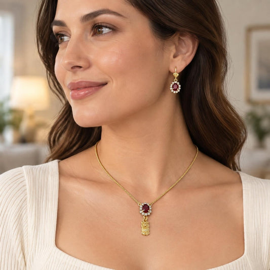 Oro Laminado Earring and Pendant Adult Set, Gold Filled Style Owl Design, with Garnet and White Crystal, Polished, Golden Finish
