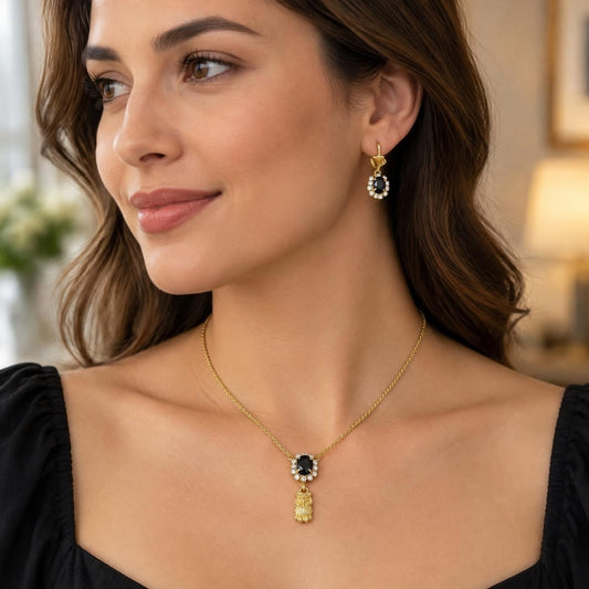 Oro Laminado Earring and Pendant Adult Set, Gold Filled Style Owl Design, with Black and White Crystal, Polished, Golden Finish
