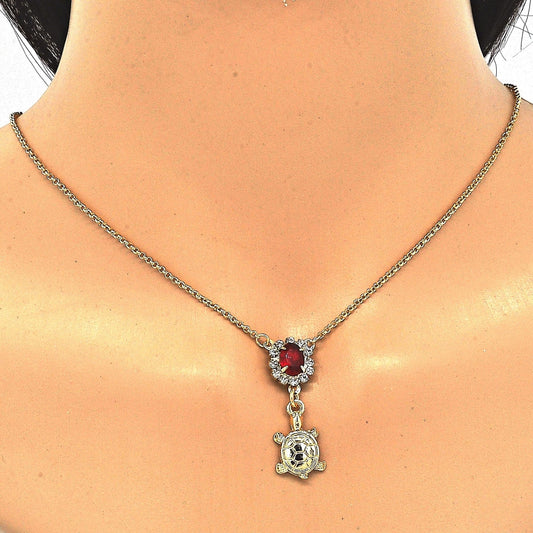 Oro Laminado Earring and Pendant Adult Set, Gold Filled Style Turtle Design, with Garnet and White Crystal, Polished, Golden Finish