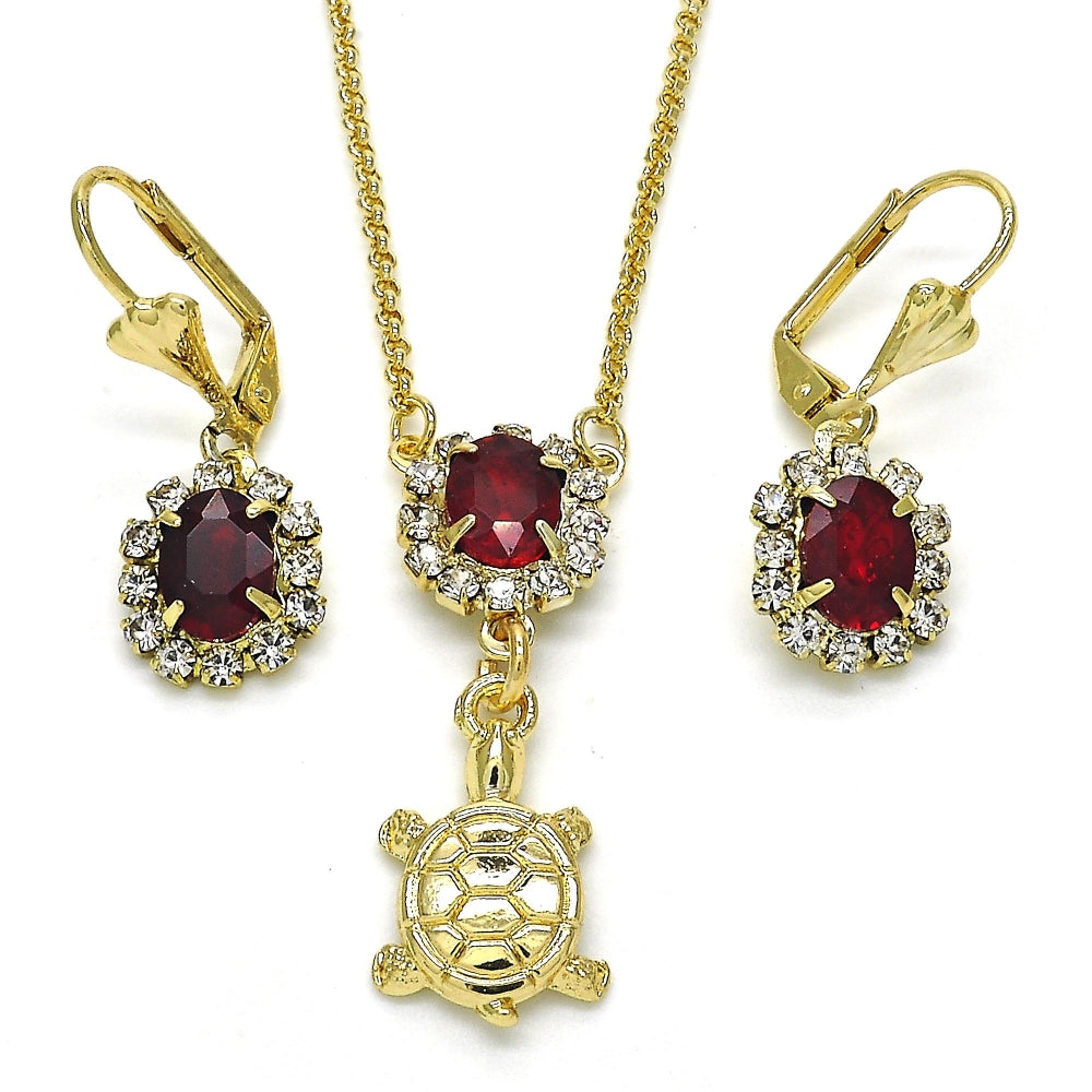 Oro Laminado Earring and Pendant Adult Set, Gold Filled Style Turtle Design, with Garnet and White Crystal, Polished, Golden Finish