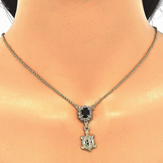 Oro Laminado Earring and Pendant Adult Set, Gold Filled Style Turtle Design, with Black and White Crystal, Polished, Golden Finish