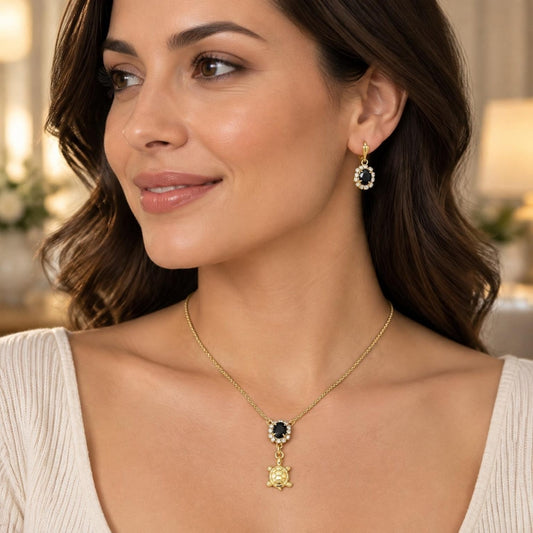 Oro Laminado Earring and Pendant Adult Set, Gold Filled Style Turtle Design, with Black and White Crystal, Polished, Golden Finish