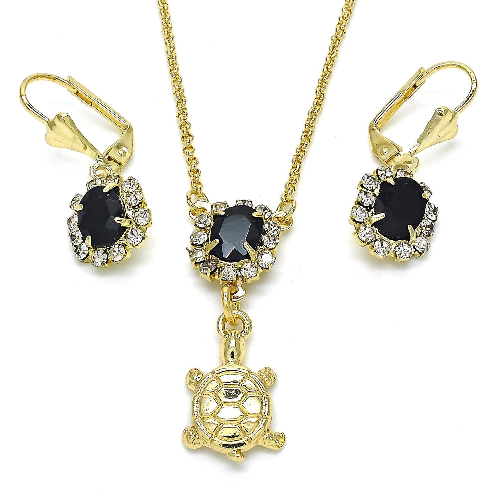 Oro Laminado Earring and Pendant Adult Set, Gold Filled Style Turtle Design, with Black and White Crystal, Polished, Golden Finish