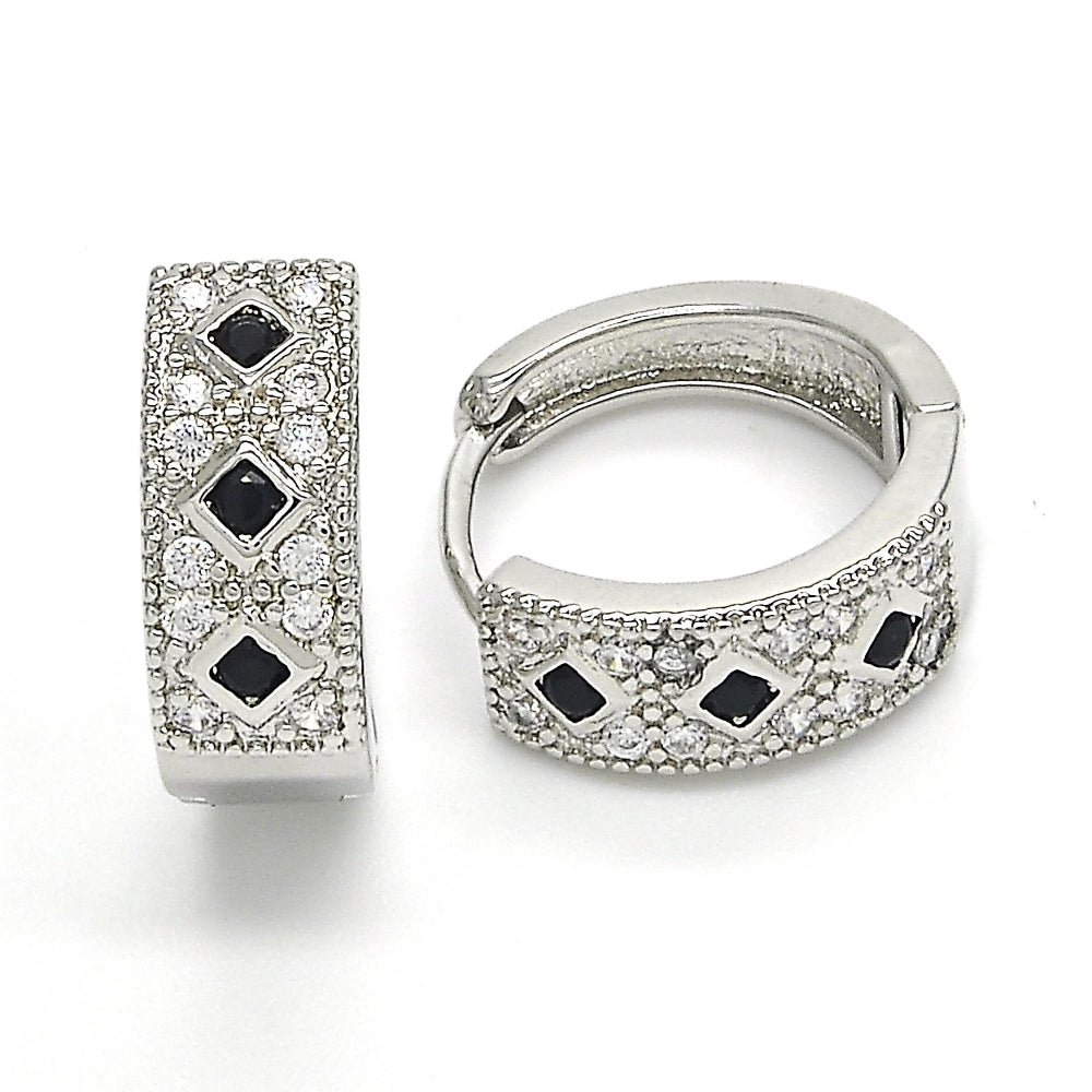 Rhodium Gold Filled Huggie Hoop, with Black and White Cubic Zirconia, Polished, Rhodium Finish