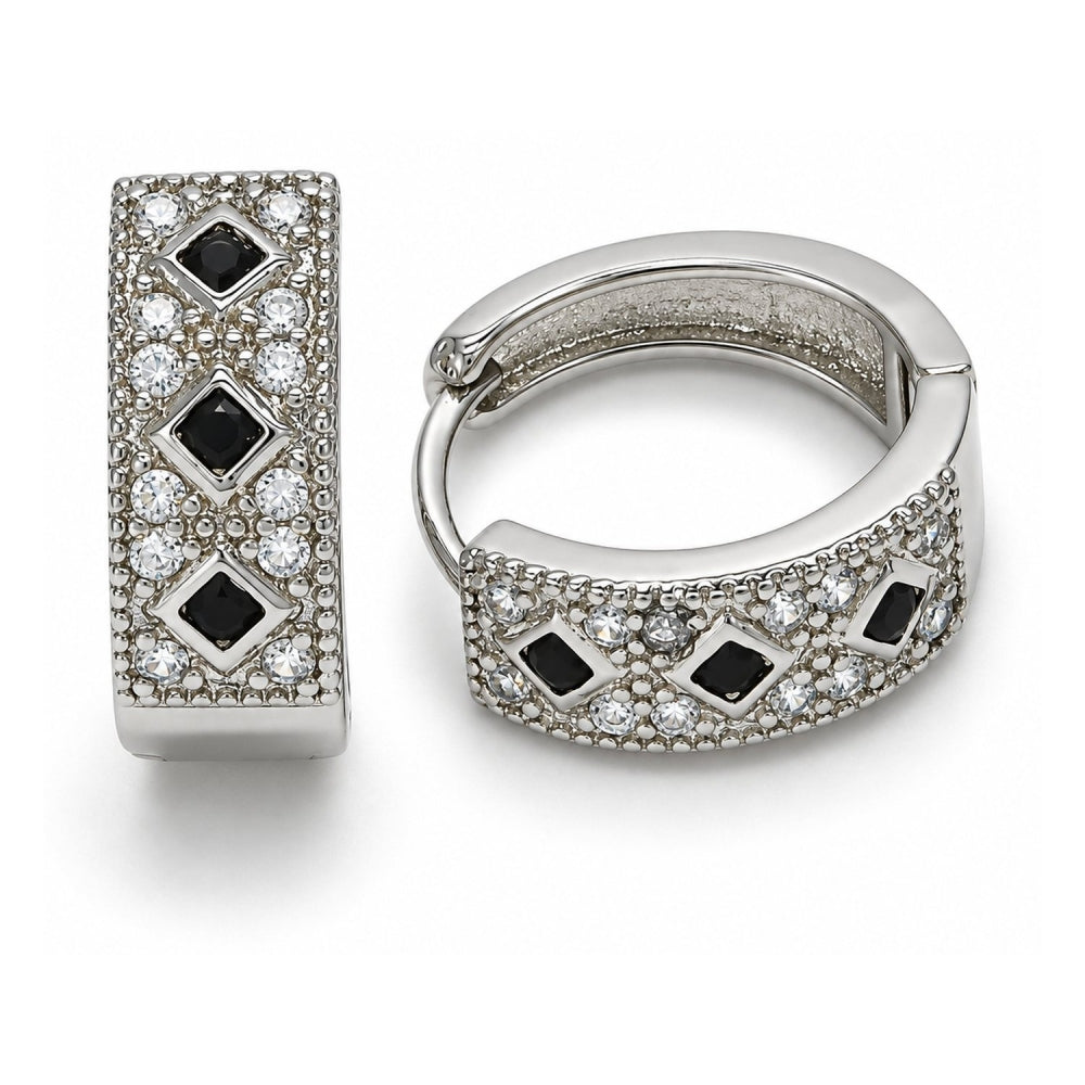 Rhodium Gold Filled Huggie Hoop, with Black and White Cubic Zirconia, Polished, Rhodium Finish
