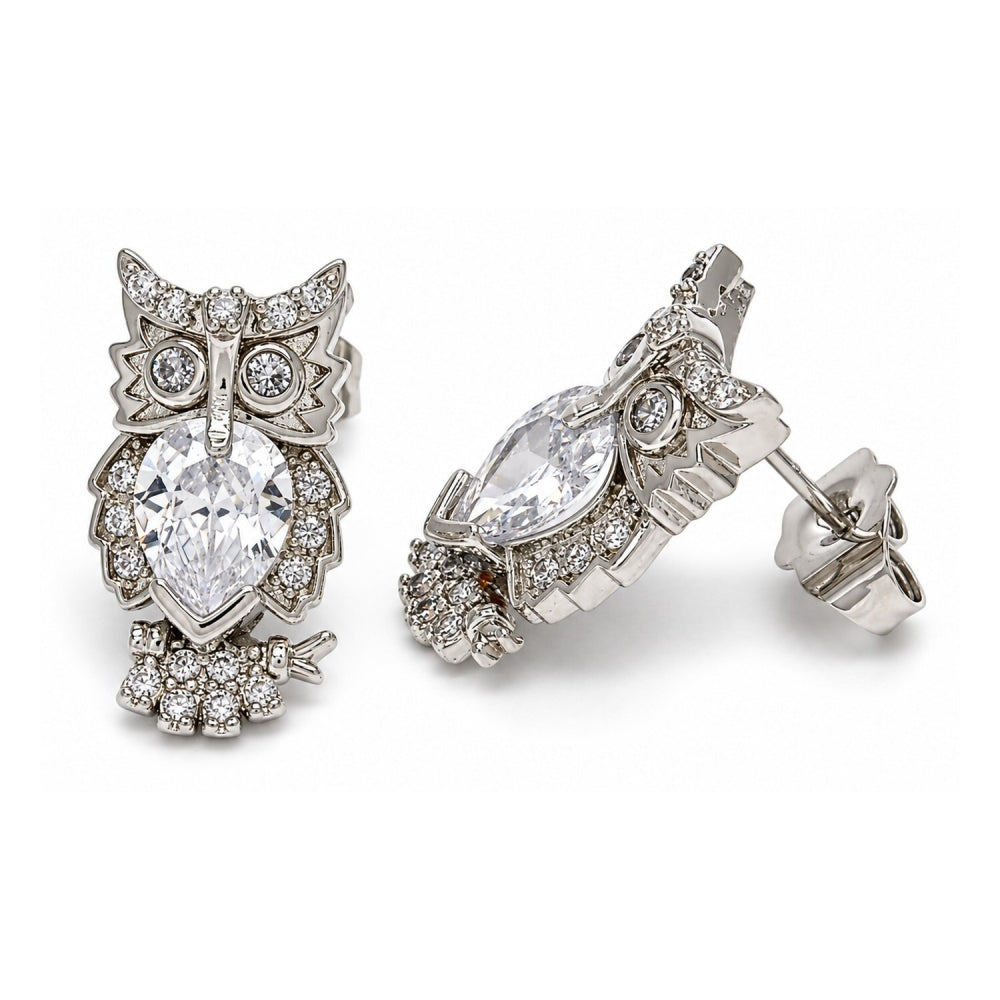 White Gold Filled Stud Earring, Owl Design, with White Cubic Zirconia, Polished, Rhodium Finish