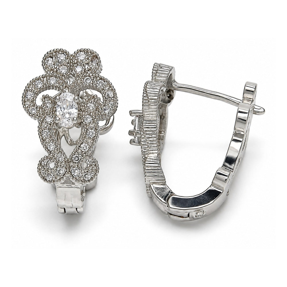 White Gold Filled Huggie Hoop, with White Cubic Zirconia, Polished, Rhodium Finish