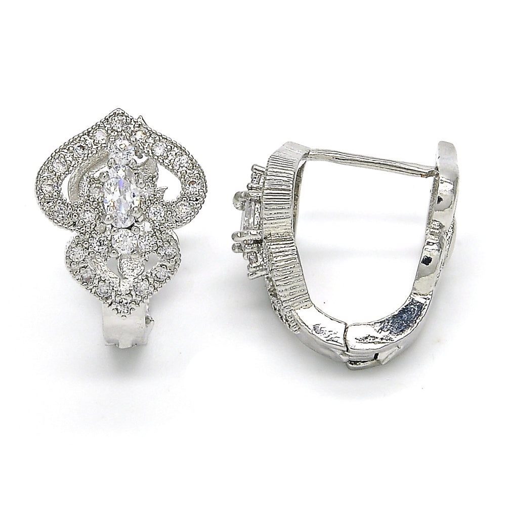 Rhodium Gold Filled Huggie Hoop, Heart Design, with White Cubic Zirconia, Polished, Rhodium Finish