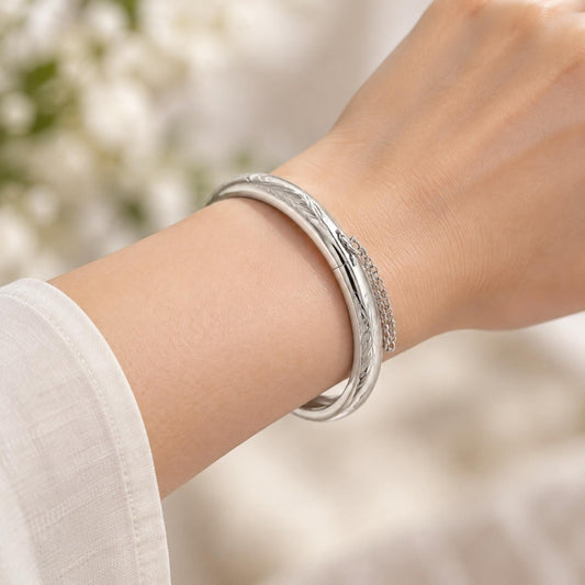 White Gold Filled Individual Bangle, Diamond Cutting Finish, Rhodium Finish