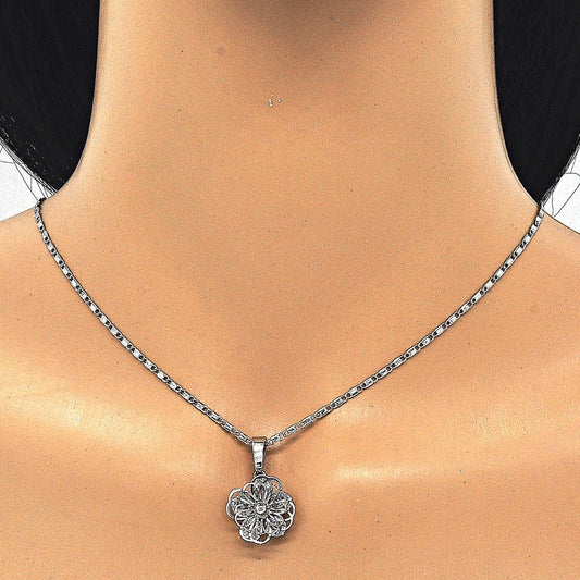 Rhodium Gold Filled Earring and Pendant Adult Set, Flower Design, with White Cubic Zirconia, Polished, Rhodium Finish