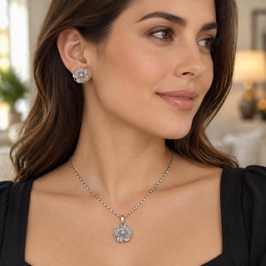 White Gold Filled Earring and Pendant Adult Set, Flower Design, with White Cubic Zirconia, Polished, Rhodium Finish