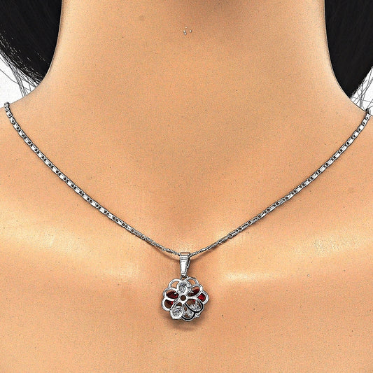 Rhodium Gold Filled Earring and Pendant Adult Set, Flower Design, with Garnet and White Cubic Zirconia, Polished, Rhodium Finish