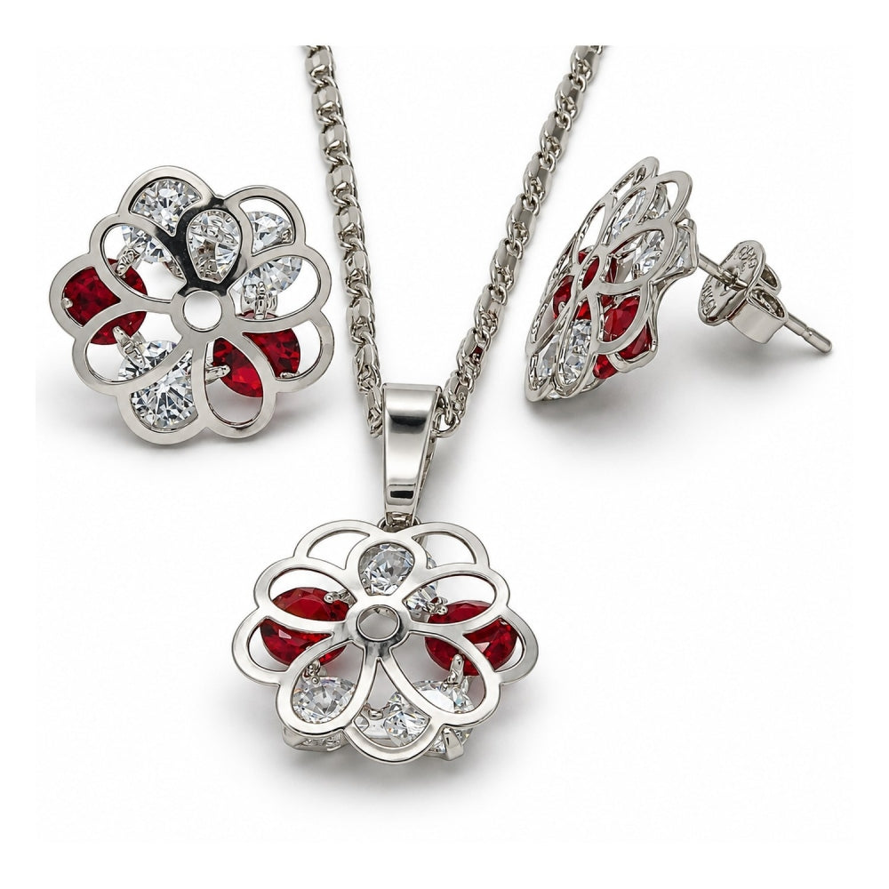 White Gold Filled Earring and Pendant Adult Set, Flower Design, with Garnet and White Cubic Zirconia, Polished, Rhodium Finish