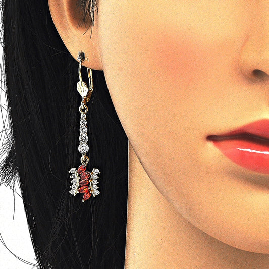 Oro Laminado Long Earring, Gold Filled Style with Garnet and White Cubic Zirconia, Polished, Golden Finish