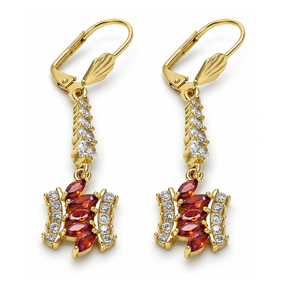 Oro Laminado Long Earring, Gold Filled Style with Garnet and White Cubic Zirconia, Polished, Golden Finish